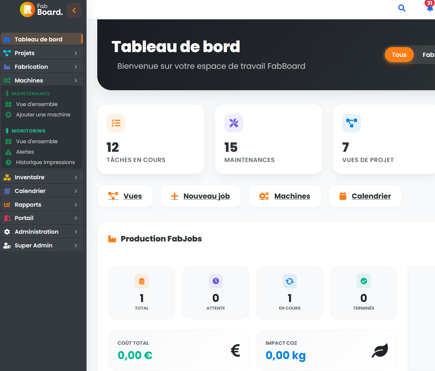 Tableau de bord FabBoard